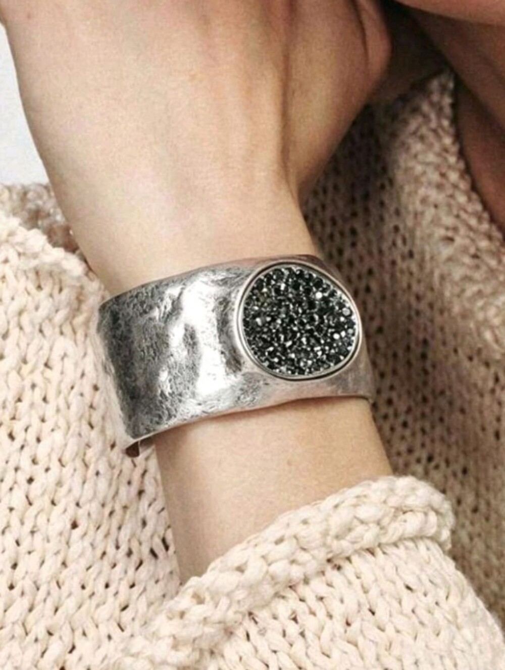 NEW! Silver-Tone Hammered Cuff Bracelet with Black Druzy Accent
